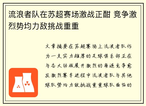 流浪者队在苏超赛场激战正酣 竞争激烈势均力敌挑战重重